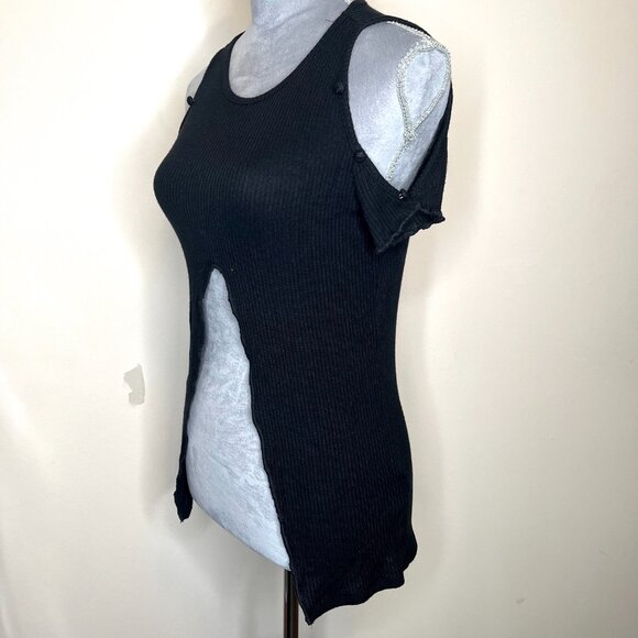 Sweater Knit Button Shirt Size Medium Short Sleeve Crop Top Cut Out Womens 90s S - Picture 8 of 9